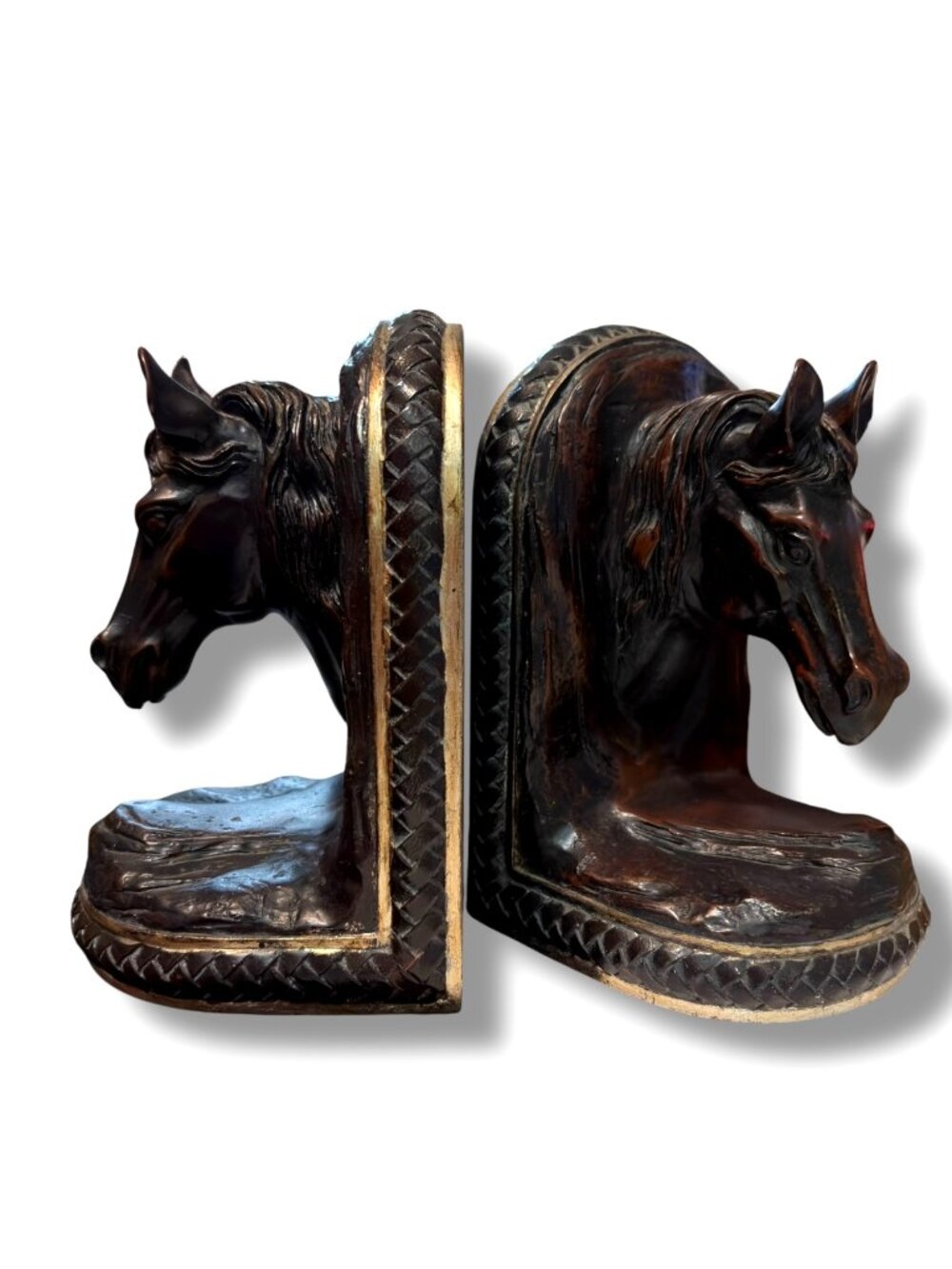 Vintage Horse‎ Head Bookends Ornate Braided Brown Gold Accent Pair Equestrian